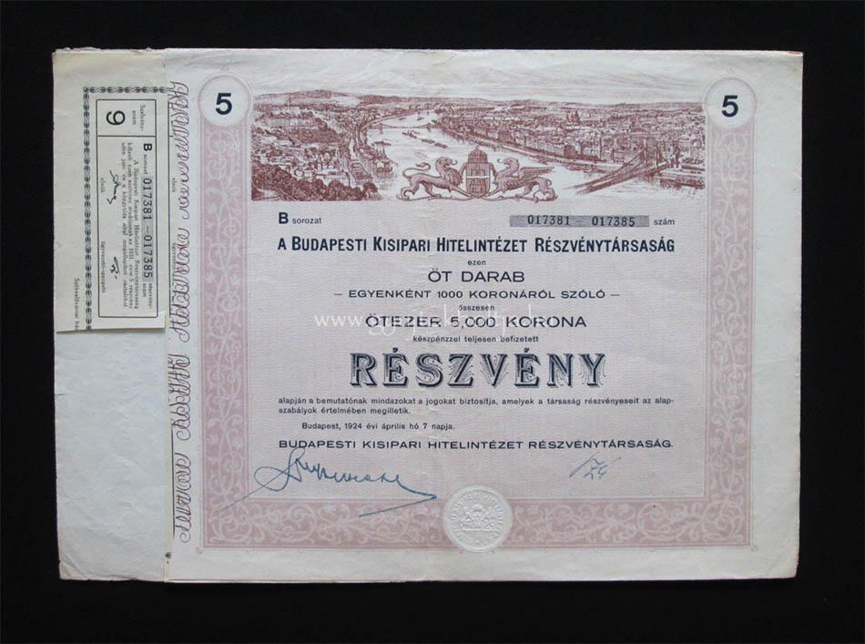 Budapesti Kisipari Hitelintézet részvény 5000 korona 1924